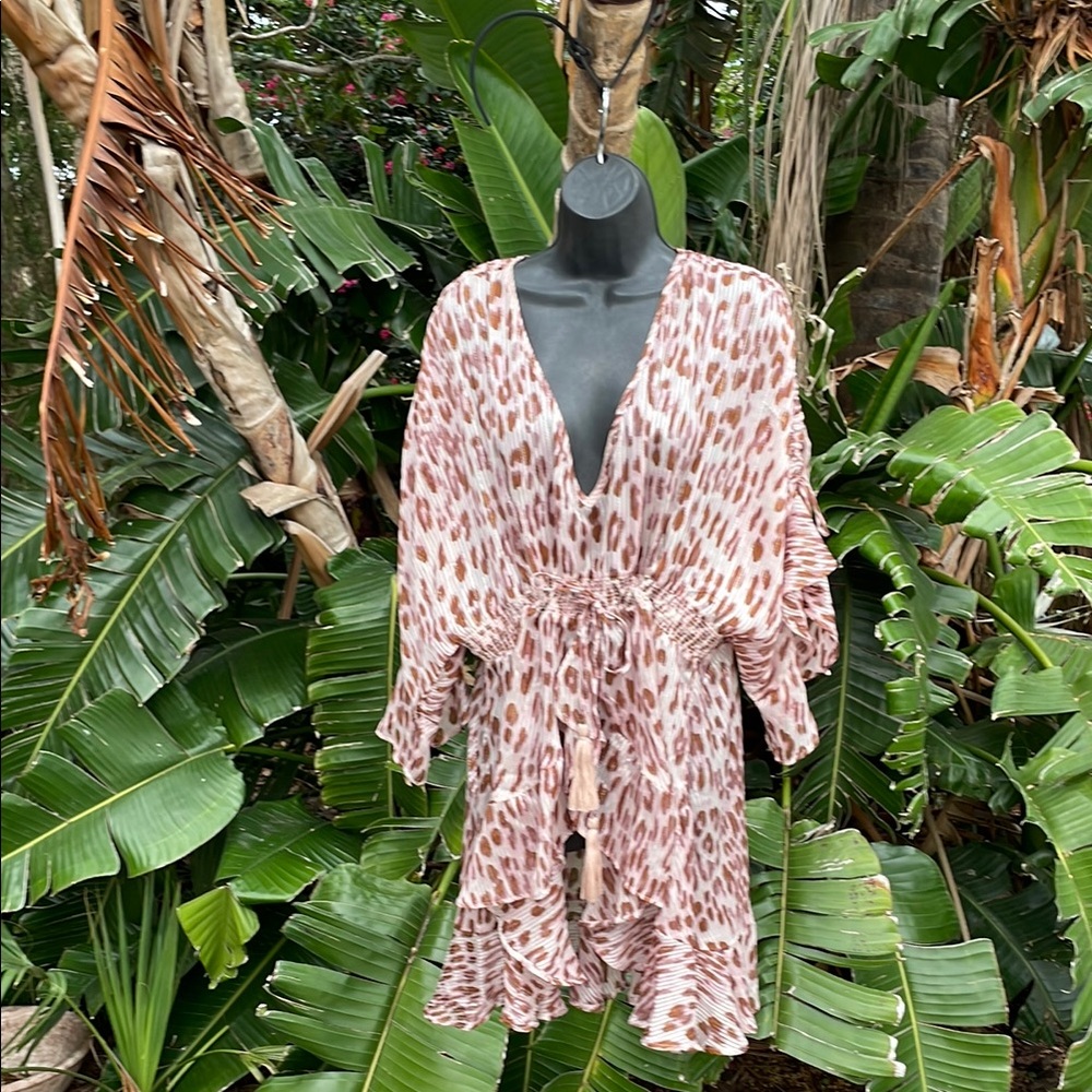 Venus leopard print swim, cover-up or blouse with ruffle sleeves and ham
